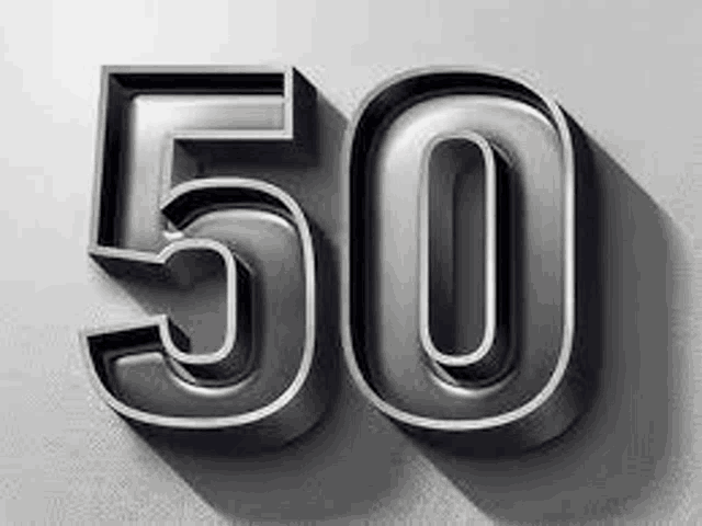 the number 50 is made of metal and has a shadow on a white background .