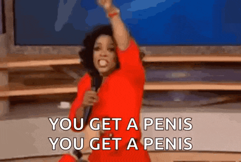 a woman in a red dress is holding a microphone in her hand and says you get a penis you get a penis .