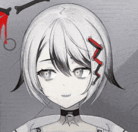 a black and white drawing of a girl with a choker and a red ribbon in her hair