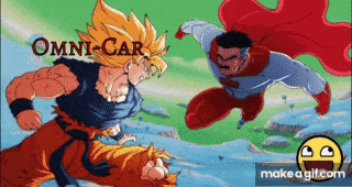 a poster for omni-car shows a cartoon of goku and superman