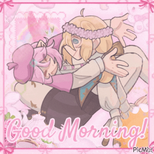 a good morning greeting card with a couple of anime characters