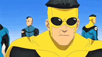 a cartoon of a man in a yellow superhero costume with sunglasses