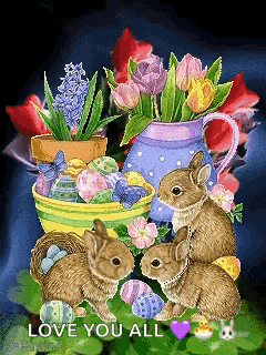 a bunch of rabbits sitting next to a vase of flowers with the words love you all below them