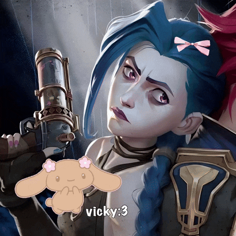 a girl with blue hair is holding a gun next to a stuffed animal with the name vicky 3 on it