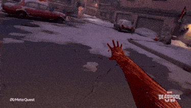 a video game called deadpool vr shows a man holding two swords
