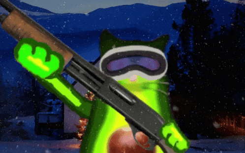a frog wearing goggles and holding a gun with the number 3 on its arm