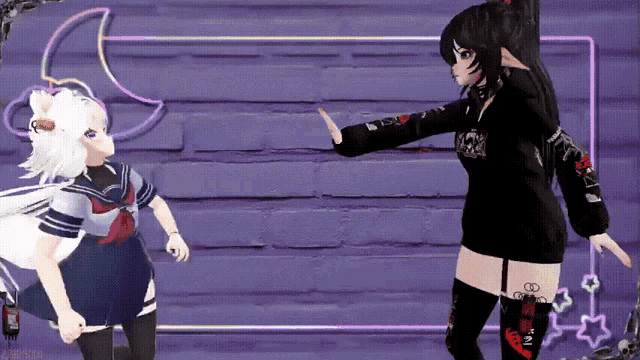 two anime girls are standing next to each other in front of a brick wall