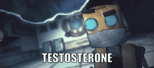 a cartoon robot with the word testosterone on the bottom right