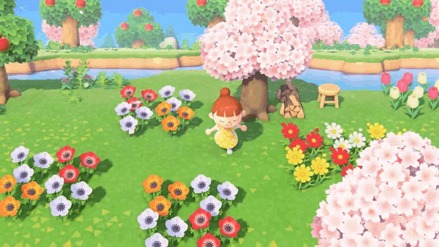 a cartoon character is standing in a field of flowers with a cherry blossom tree in the background