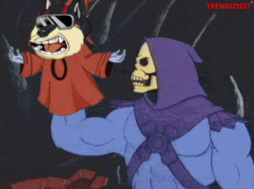 a cartoon drawing of a skeletor and a wolf with the words trendizisst at the top