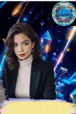 a woman in a black jacket and white turtleneck stands in front of a colorful background with a logo for db