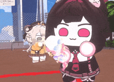 a cartoon character is blowing a pink bubble while a clock displays the time as 09:34 pm