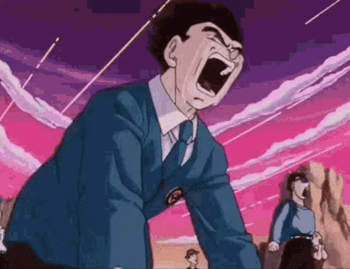 a man in a suit and tie is screaming while standing in front of a group of people .