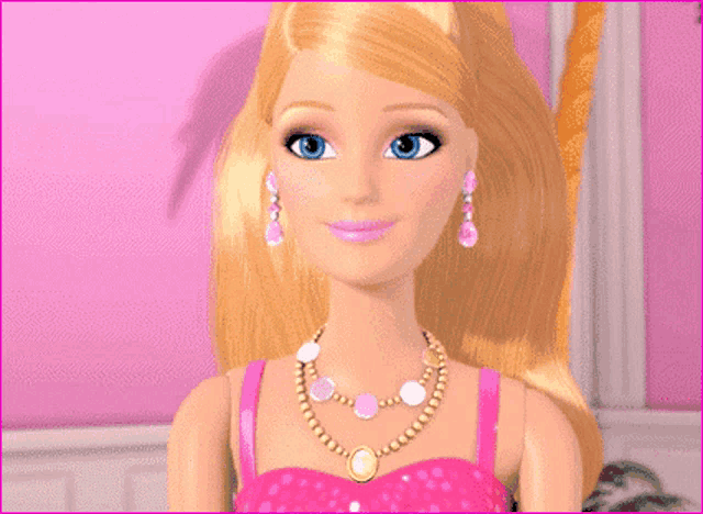 a barbie doll is wearing a pink dress and a necklace