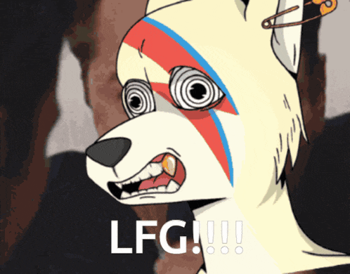 a cartoon drawing of a dog with a safety pin in its ear and the words lfg !!! below it