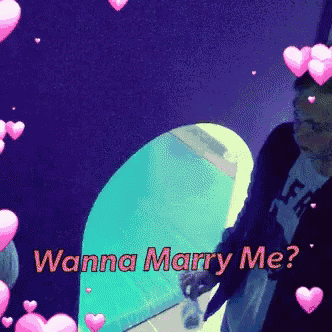 a man is standing in front of a swimming pool with the words " wanna marry me " surrounded by pink hearts