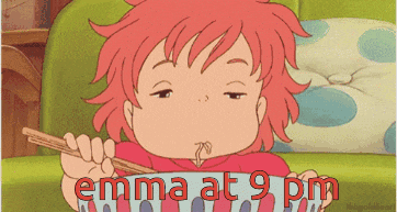 a cartoon of a girl eating noodles with the words emma at 9 pm