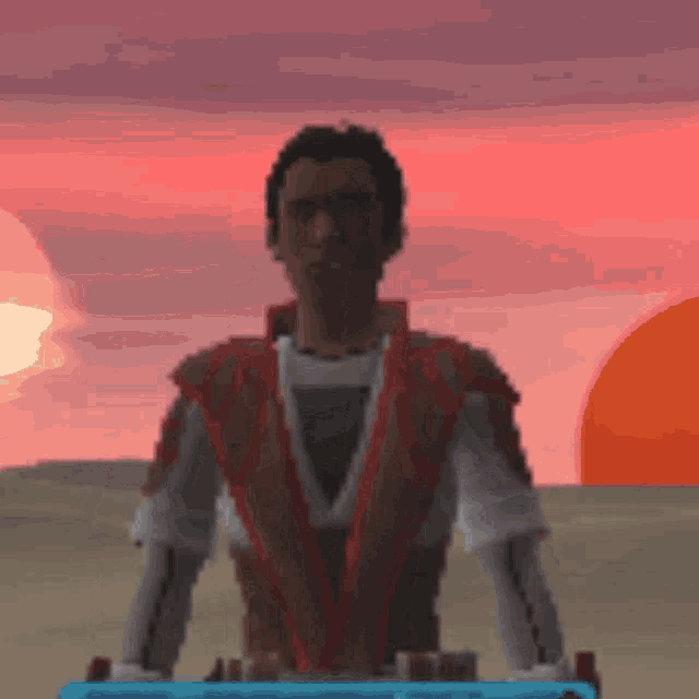 a pixel art of a man standing in front of a pink sky