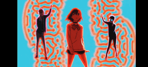 a girl is standing in the middle of a maze surrounded by two men