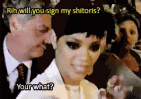 a man and a woman are standing next to each other and the man says rih will you sign my shitoris your what