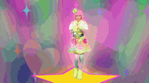 a woman in a colorful dress is standing in a circle in a colorful background .