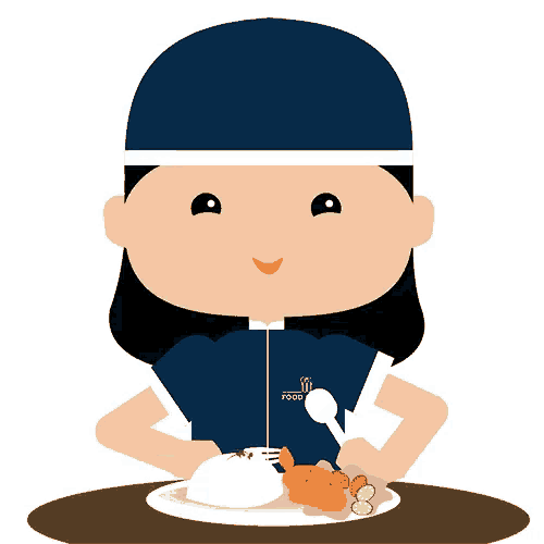 a cartoon illustration of a woman sitting at a table with a plate of food on it