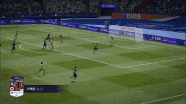 a soccer game is being played in a stadium with a paris banner behind the goal