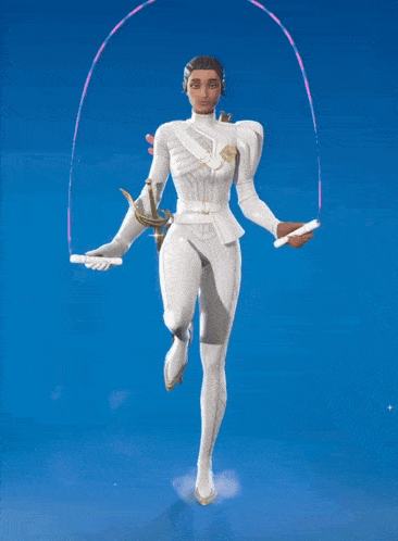a woman in a white suit is jumping rope