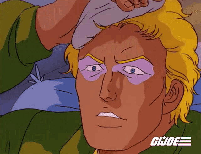 a cartoon of a man laying in bed with a pillow on his forehead and the word gi joe on the bottom
