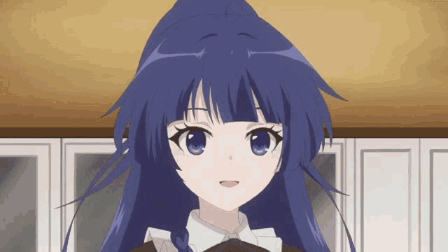 a girl with long blue hair and a white shirt
