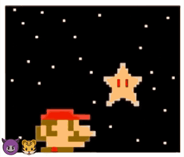 a pixel art of mario saying good night with a star in the background