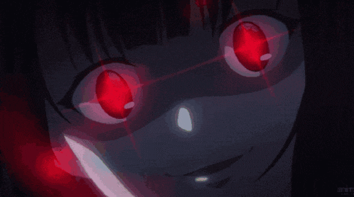 a close up of a girl with red eyes and a knife in her mouth