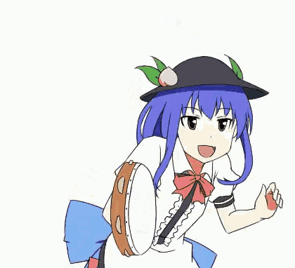 a cartoon girl with blue hair is holding a tambourine in her hand .