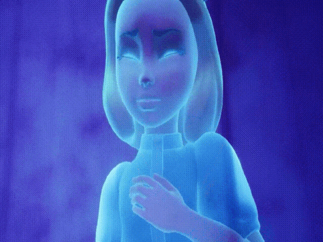 a cartoon character with glowing eyes and a blue shirt