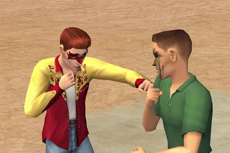 a man in a red and yellow shirt is standing next to another man in a green shirt