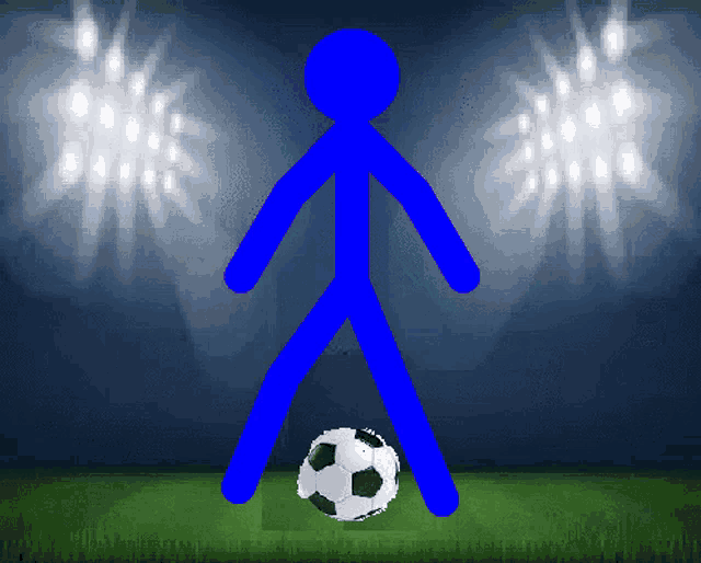 a stick figure kicking a soccer ball on a field