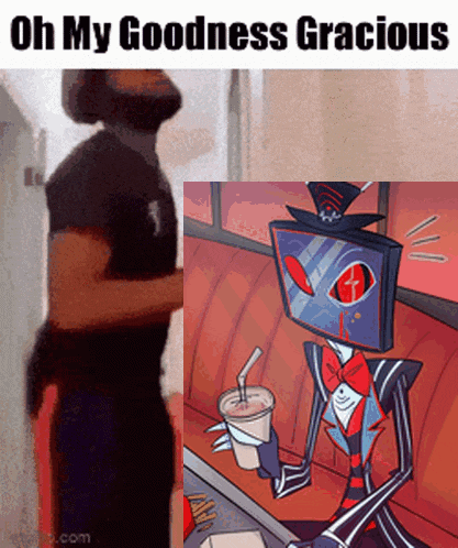 a man standing next to a cartoon character with a tv head