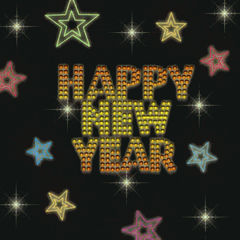 a happy new year greeting card with fireworks behind it