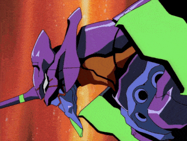 a purple and green robot with the number 0 on it 's chest