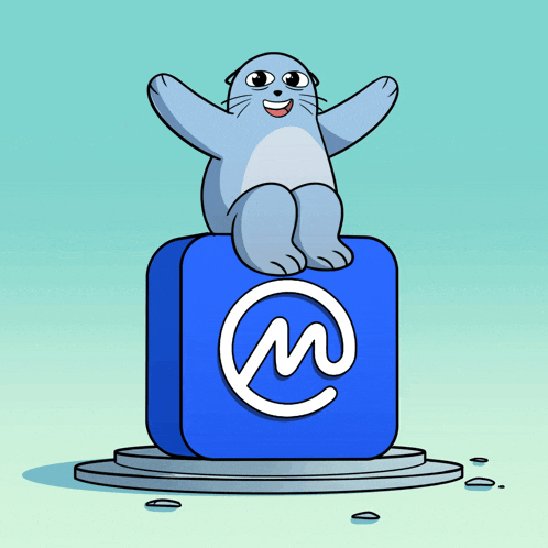 a cartoon seal is sitting on top of a blue block with a white letter m on it