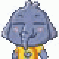a pixel art of a cartoon elephant wearing a yellow vest and tie .