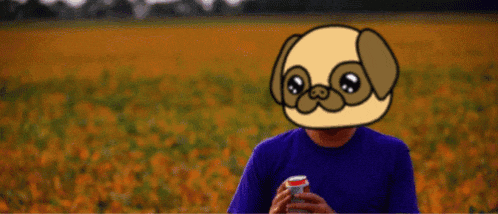 a man with a pug on his head is holding a can