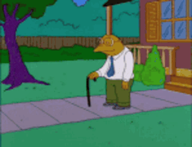 a cartoon of a man with a cane standing on a sidewalk in front of a house