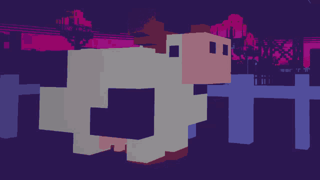 a pixel art drawing of a sheep with a city in the background