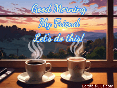 two cups of coffee sitting on a table with the words " good morning my friend let 's do this "