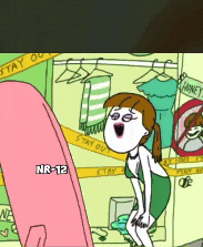 a cartoon of a woman standing next to a surfboard with nr-12 written on it