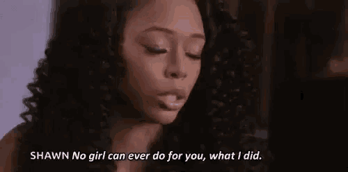 a woman with curly hair is talking to another woman and says `` no girl can ever do for you , what i did . ''