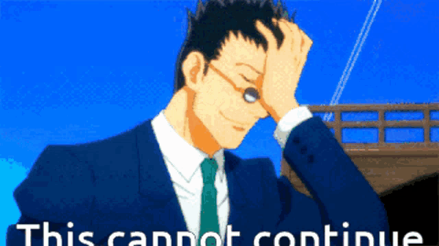 a man in a suit and tie holds his hand to his forehead with the words this cannot continue behind him