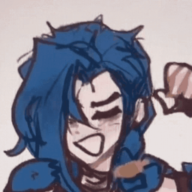 a close up of a drawing of a person with blue hair making a face .
