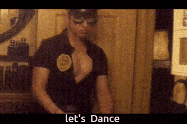 a man in a police uniform with the words let 's dance written below him